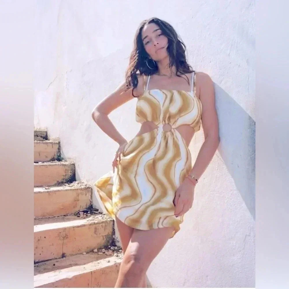 Faithfull The Brand Zuma Talamanca Print 100% Linen Cutout Mini Dress Size Small